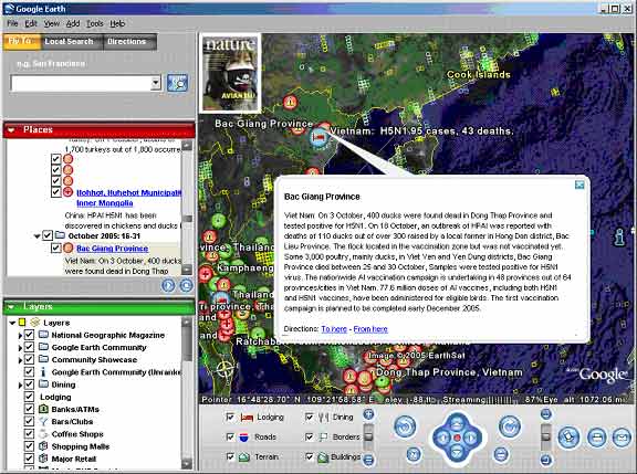 Google Earth cung cấp bản đồ đại dịch cúm gà toàn cầu