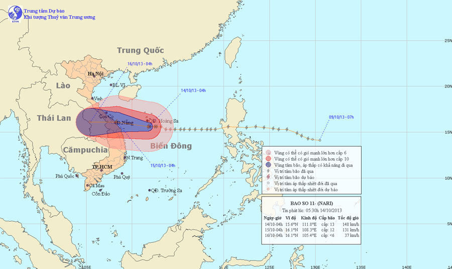Bão Nari cách bờ biển Quảng Trị-Quảng Ngãi 330km