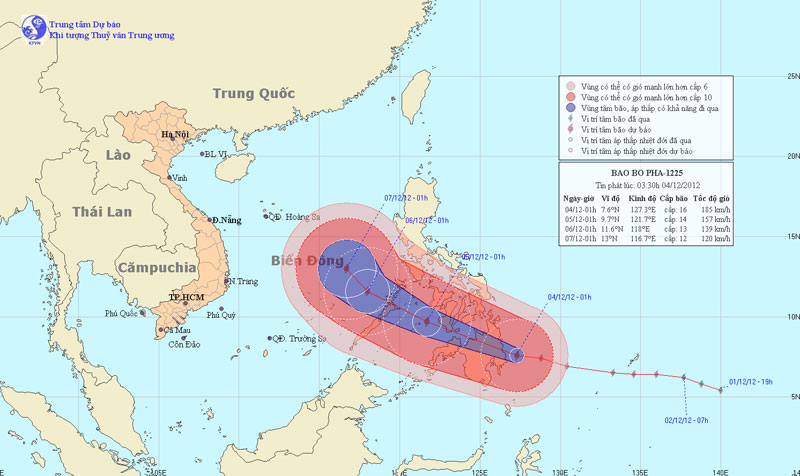 Bão Bopha đang hoạt động mạnh ở gần Biển Đông