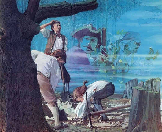 Three young men digging for treasure