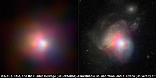 Observing the collision of two galaxies creating black holes