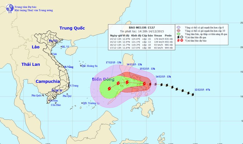 Bão Melor với sức gió mạnh nhất 185km/h hướng vào biển Đông