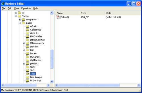 Trong cửa sổ Registry Editor, bạn chọn mục HKEY_CURRENT_USER -> Software -> Yahoo -> Pager -> Test