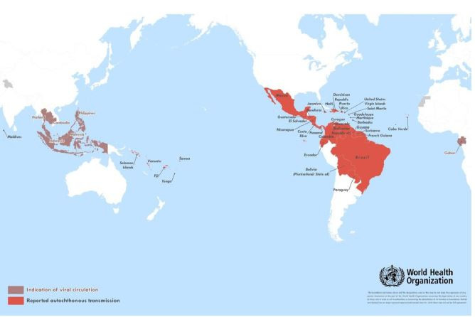 Bản đồ các quốc gia và vùng lãnh thổ ghi nhận sự lưu hành virus Zika 2007-2016.