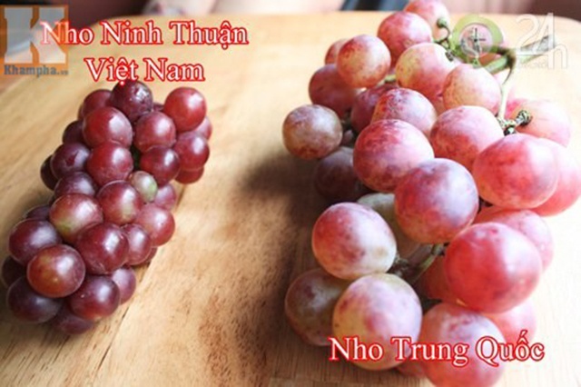 Nho Việt Nam (trái) và nho Trung Quốc (phải) có sự khác biệt rõ rệt về màu sắc.