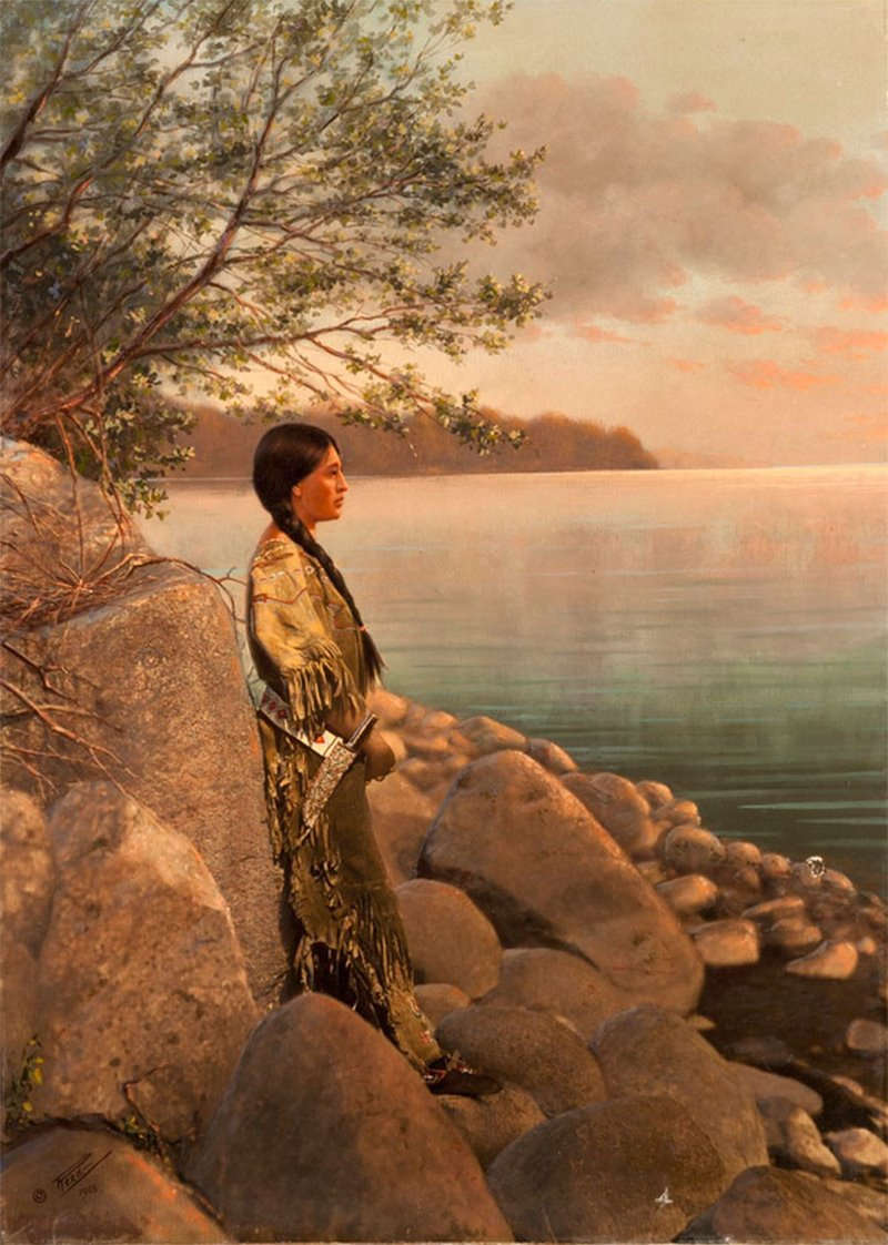 Bức họa vẽ bằng tay một người phụ nữ da đỏ bên bờ sông vào đầu những năm 1900.