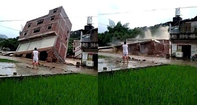 Một ngôi nhà khác, 3 tầng ở Trung Quốc, bị nước lũ đánh sập.