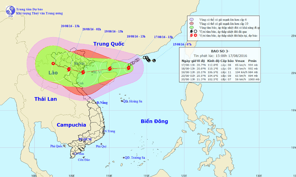 Vị trí và đường đi của cơn bão số 3.