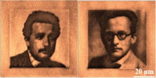 Ảnh hai nhà vật lý Einstein và Schoerdinger được mã hóa và lưu trữ lên kim cương. 