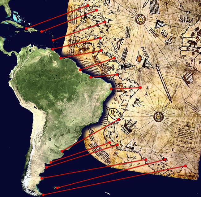 Các mảnh sót lại của bản đồ Piri Reis thấy bờ biển miền Trung và Nam Mỹ (ảnh).