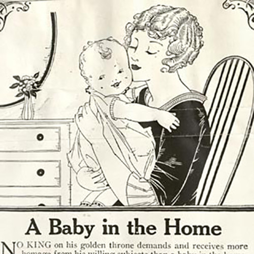Bức hình quảng cáo với dòng tiêu đề (A baby in the Home) kèm với hình ảnh trên bao bì sản phẩm (1926).