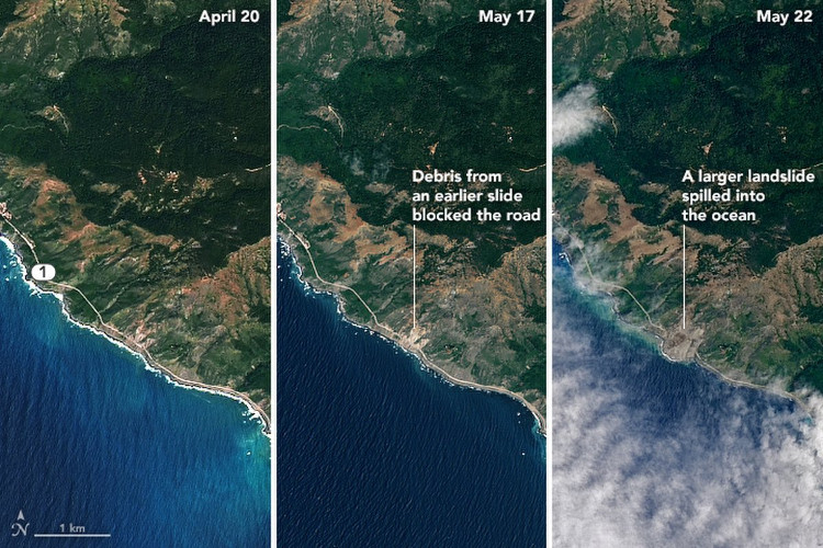 Vụ trượt đất nghiêm trọng ở California nhìn từ vệ tinh NASA