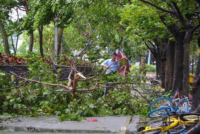 Vỉa hè vỡ nát, ôtô chìm nghỉm trong siêu bão Hato ở Trung Quốc
