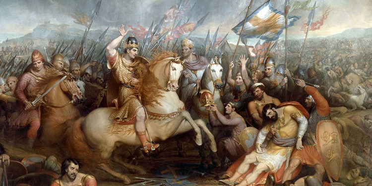 Bức tranh thời Victoria vẽ lại trận đánh Hastings, công tước William đã chiến thắng và kẻ bại trận dâng ngôi báu.