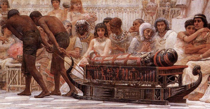Nô lệ kéo lê 1 xác ướp đi vòng quanh trước mặt khách khứa bữa tiệc.