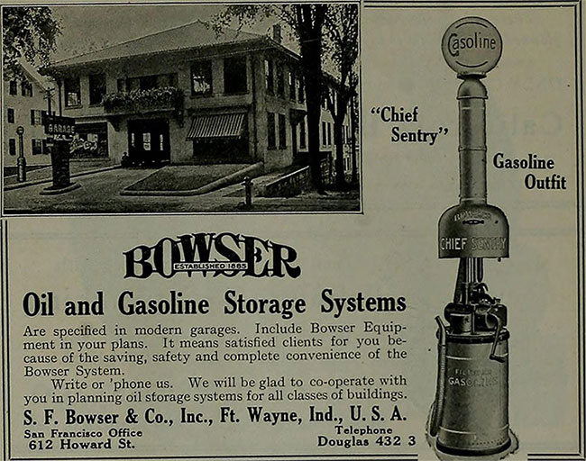 Thiết kế trụ bơm có thể tự đong và trữ xăng của S. F. Bowser.