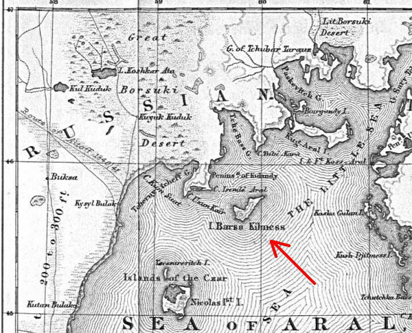 Bản đồ hòn đảo Barsa-Kelmes năm 1853