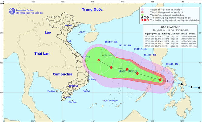 Bão Phanfone giật cấp 14 đang hướng vào miền Trung