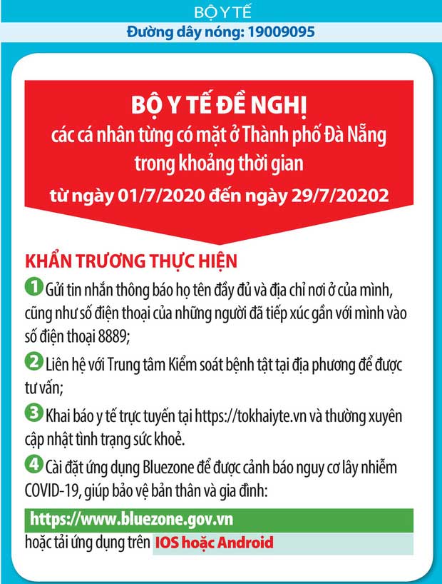 Bộ Y tế: Đề nghị tất cả cá nhân từng có mặt ở TP Đà Nẵng từ ngày 01/7 đến 29/7 khẩn trương liên hệ y tế