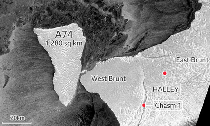 Tảng băng trôi rộng 1.280km2 va vào bờ biển châu Nam Cực