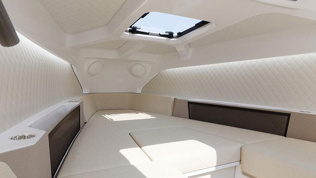 Modern, luxurious cabin with a sofa, bed, and high-end sound system of the C8