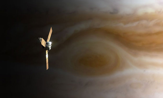 Minh họa tàu vũ trụ Juno bay qua cơn bão Vết Đỏ Lớn của sao Mộc.