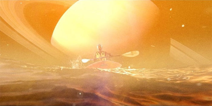 A still from the video, showing a scene of people kayaking on Saturn's moon Titan.