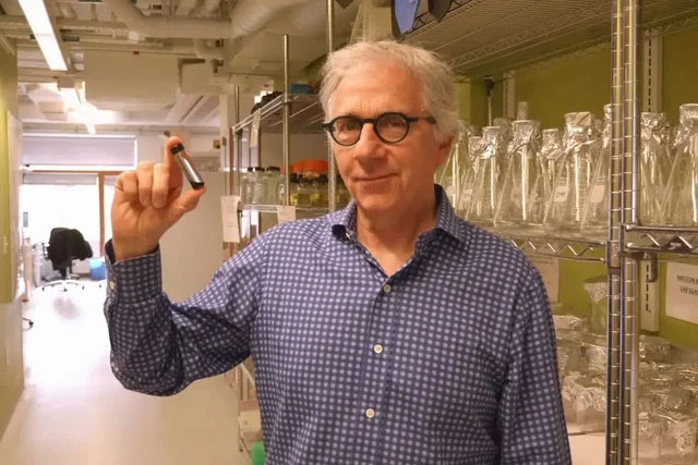 Tiến sĩ Melton cầm trên tay lọ thủy tinh chứa những tế bào gốc biệt hóa thành tế bào đảo tụy.