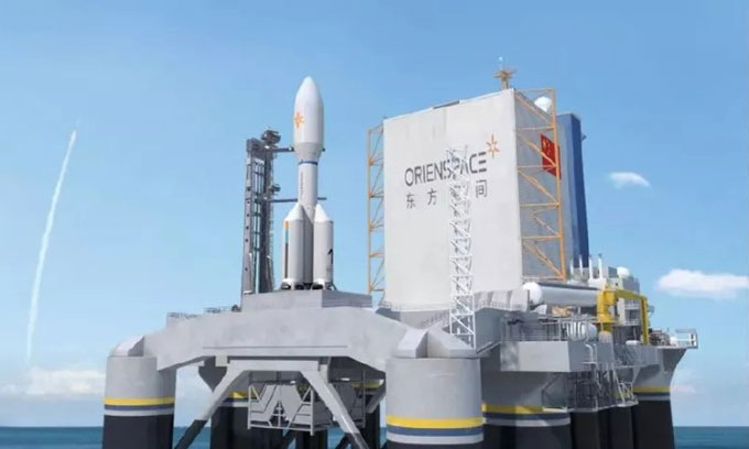  Mô phỏng tên lửa Gravity 1 chuẩn bị cất cánh từ bệ phóng trên biển. 