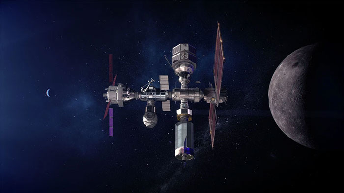  Hình ảnh mô phỏng Trạm vũ trụ Gateway quay quanh Mặt trăng. 