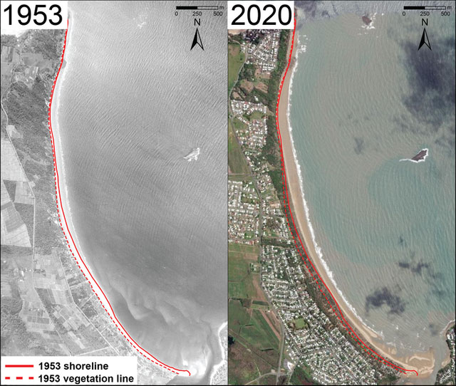 Sự mở rộng của bãi biển Bucasia ở Australia từ năm 1953 đến năm 2020.