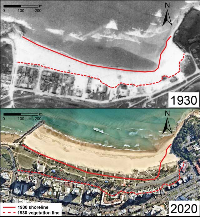 Bãi biển Coolangatta ở Australia vào 2 thời điểm năm 1930 và 2020.