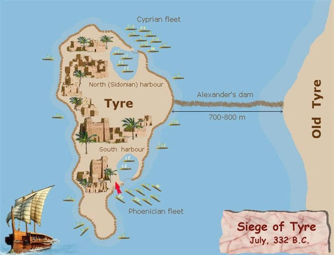 Sơ đồ đảo Tyre trong cuộc vây hãm của Alexanderos Đại đế