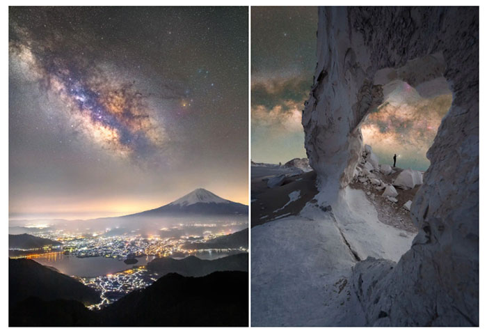 Ảnh trái, dải ngân hà vắt trên đỉnh núi Phú Sĩ (Nhật Bản).