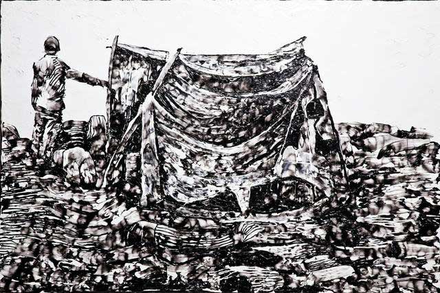 Bức tranh "Cảnh quan Soweto 2" mô tả nơi sinh sống với nhiều rác thải nhựa.
