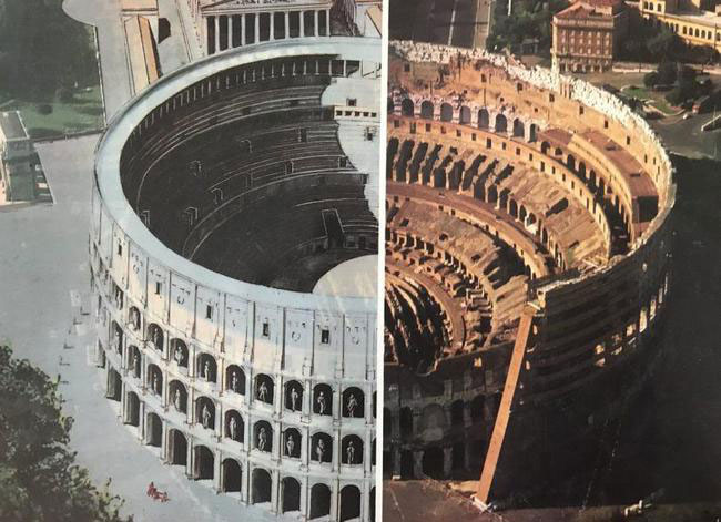 Ảnh mô phỏng Đấu trường La Mã xưa và nay.
