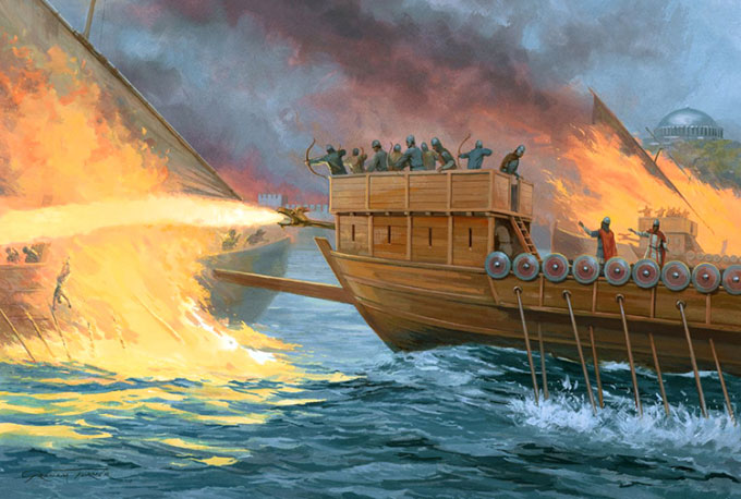 Mô phỏng hải quân Đông La Mã dùng lửa Hy Lạp thiêu rụi tàu địch.