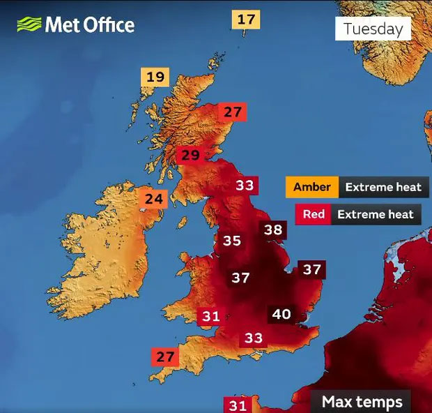 Lần đầu tiên, người dân Anh được nhìn thấy mức cảnh báo nhiệt cực cao màu đỏ thẫm.