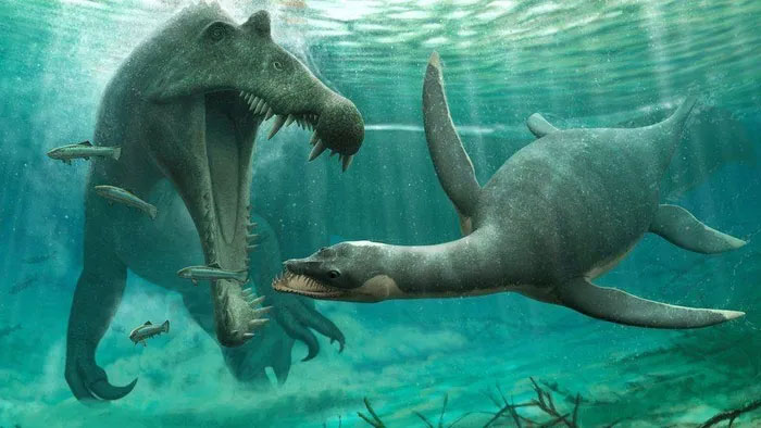 Hình mô phỏng cho thấy plesiosaur đang lần tránh một động vật săn mồi khác.