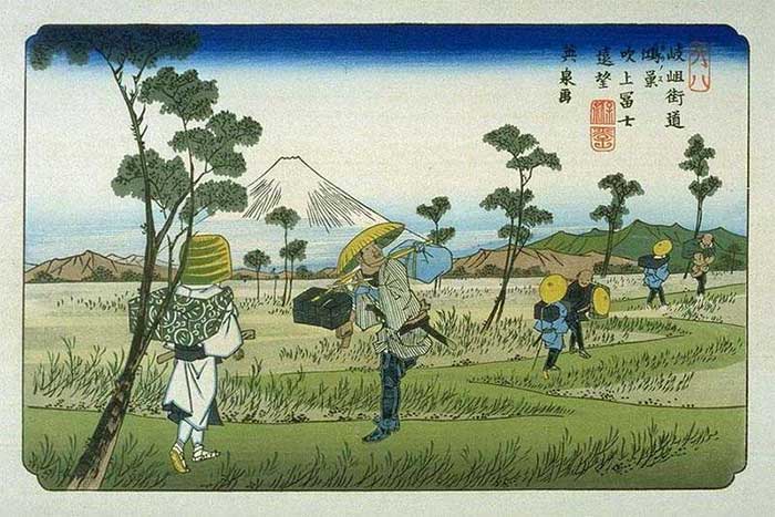 Bức tranh khắc họa ga Kōnosu-shuku trên đường thiên lý Edo - Kyoto đầu thế kỷ 19.