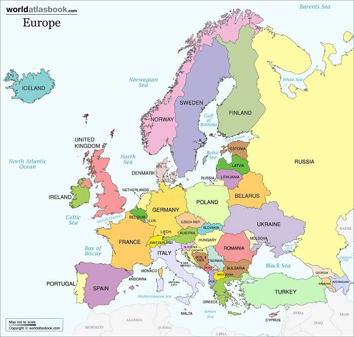 Bản đồ các quốc gia Châu Âu tên tiếng Anh.