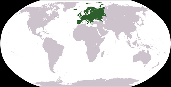 Bản đồ thế giới chỉ vị trí của châu Âu.