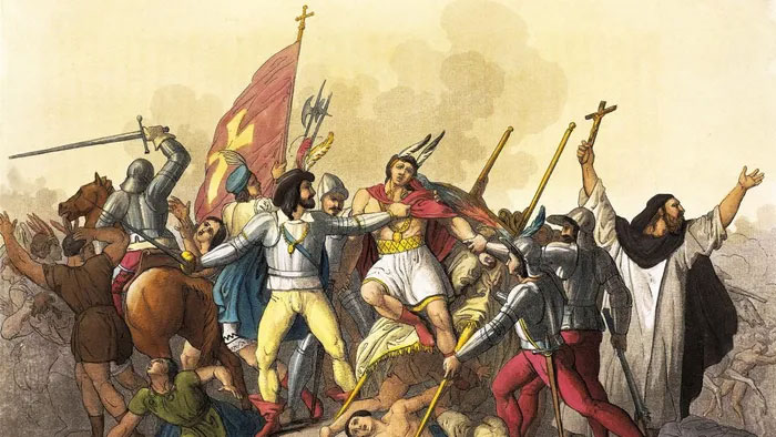  Bức ảnh minh họa cảnh đoàn quân của Francisco Pizarro González bắt được hoàng tử Inca, Atahualpa. 