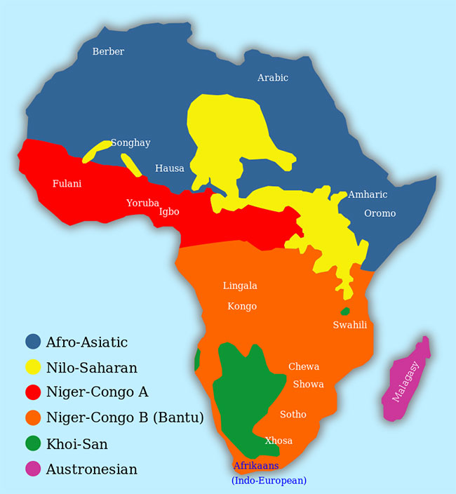  Bản đồ chỉ ra sự phân bổ các ngữ hệ và một số ngôn ngữ chính ở châu Phi. 