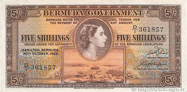 5 shillings của Bermuda, phát hành lần đầu năm 1952