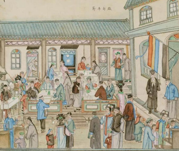 Một khu mua sắm tấp nập vào dịp năm mới trong bộ tranh "Phong tục Bắc Kinh".