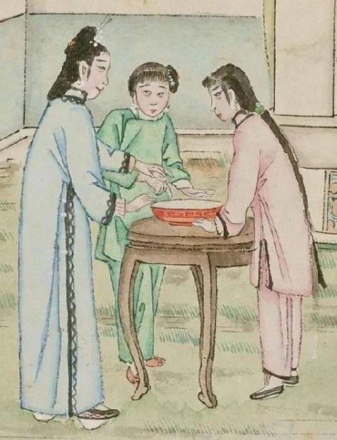 Tập tục “Khuê nữ thả kim” vào Thất Tịch trong bộ tranh "Phong tục Bắc Kinh".