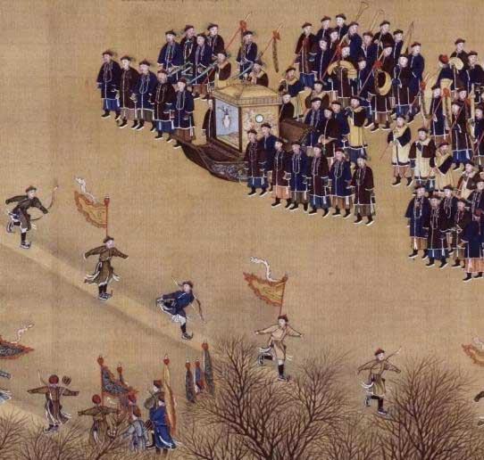 Tranh "Băng hi đồ quyển" mô tả cảnh quý tộc thời nhà Thanh chơi các trò trên mặt băng.