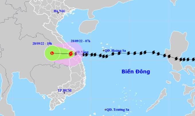  Dự báo đường đi và khu vực ảnh hưởng của bão Noru lúc 7h sáng 28/9. 
