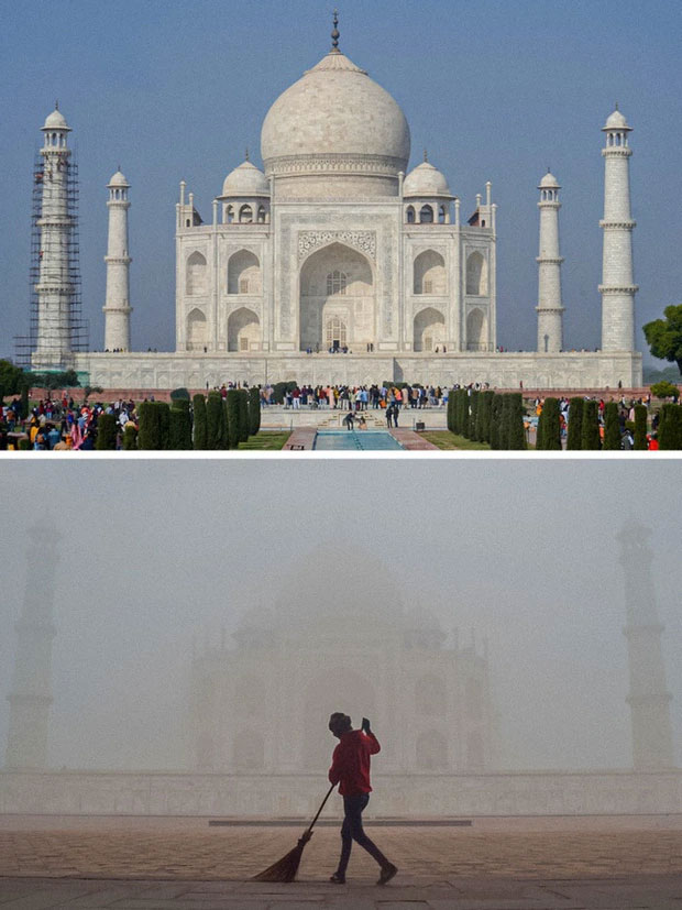 Taj Mahal gần như bị bao phủ hoàn toàn trong sương mù